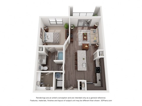 a stylized floor plan of a 1 bedroom192 sq ft